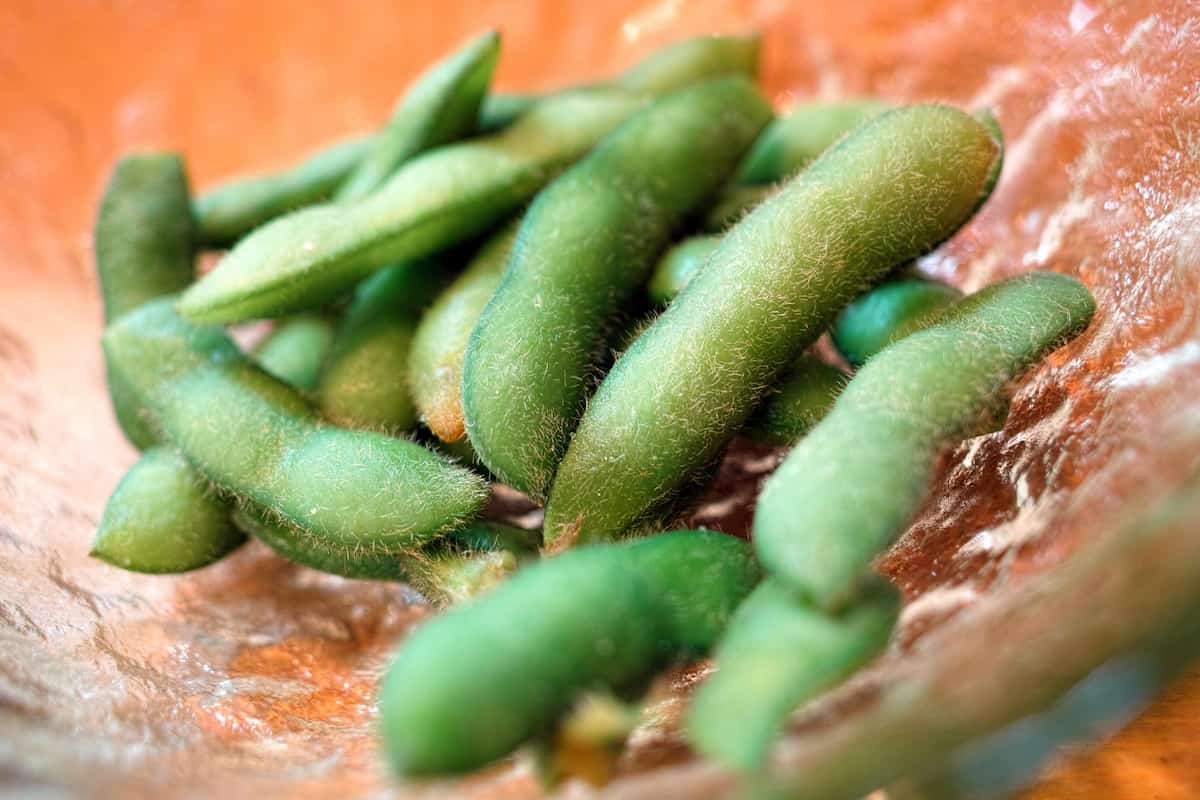 ゆで上がった緑鮮やかなエダマメが皿に盛られている様子